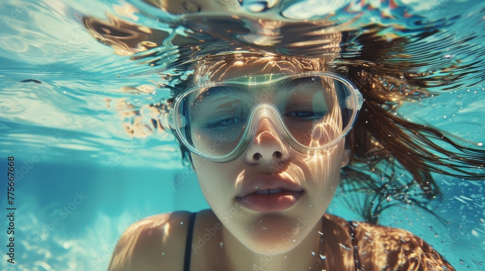Young girl wearing goggles submerged in water with sun reflections.