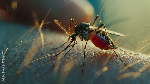 a mosquito sitting on an arm with a red belly photo