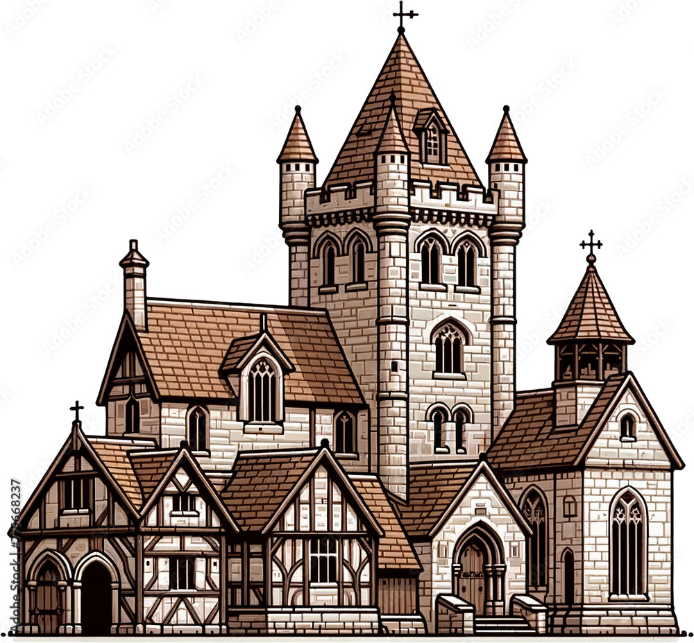 Victorian Gothic Church Illustration Watercolor Clipart Isolated
