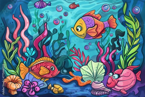 Cartoon cute doodles of a whimsical underwater scene with colorful fish  corals  and seashells dancing in harmony  Generative AI