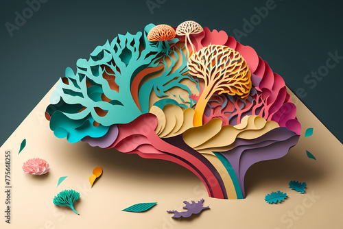 A multi-colored paper model of the human brain.