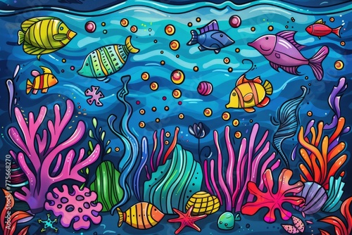 Cartoon cute doodles of a whimsical underwater scene with colorful fish, corals, and seashells dancing in harmony, Generative AI