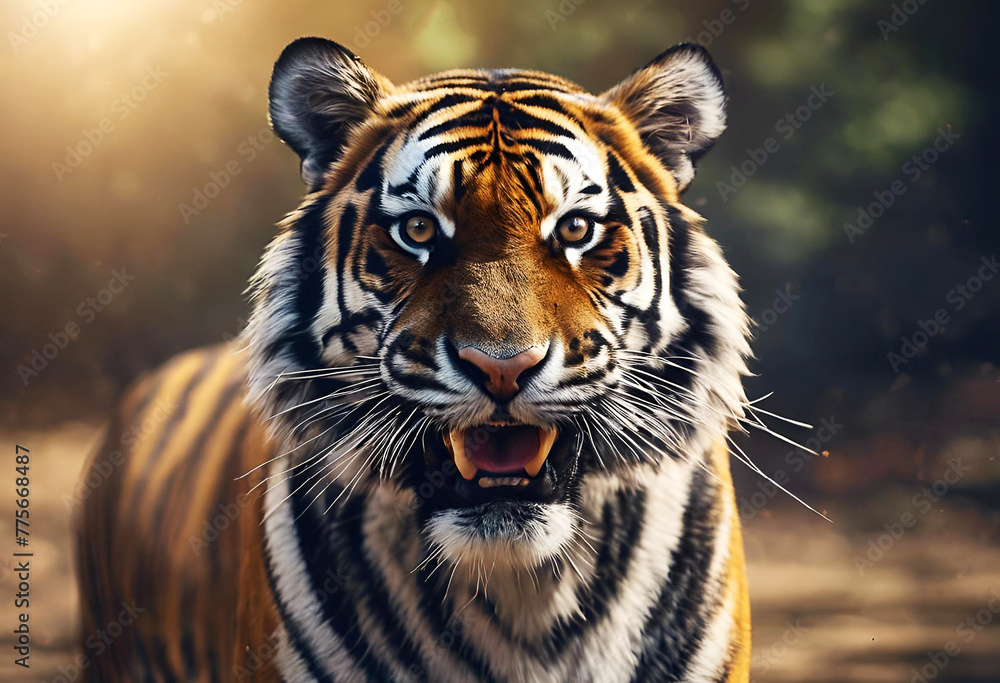 Fototapeta premium Tiger Portrait in Zoo: A majestic Bengal tiger, showcasing its striped fur and intense gaze, captured in a stunning portrait