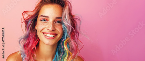 A woman with rainbow colored hair is smiling at the camera. Young beautiful smiling happy woman isolated on flat pink background with copy space, banner template of Creative hair coloring © Nataliia_Trushchenko