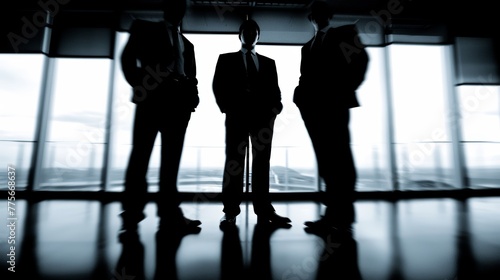 Silhouette of three business people in a modern office with city view. Corporate leadership and team concept