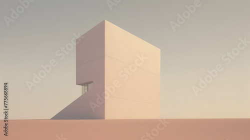 Minimalist Geometric Architecture Standing Tall Against Serene Desert Landscape with Dreamlike Surreal Atmosphere