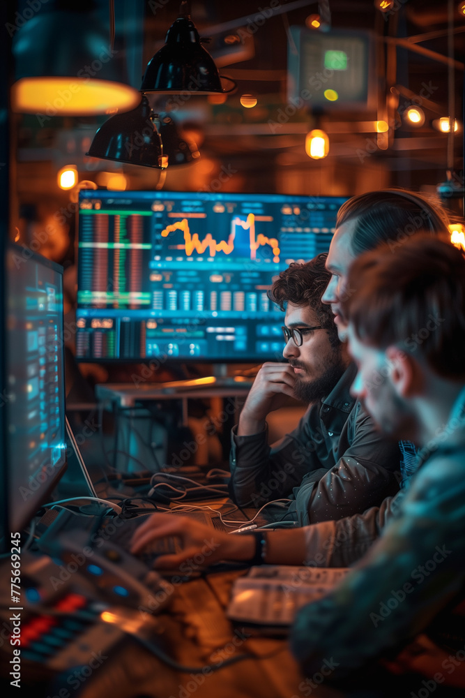 A group of friends discussing the benefits of diversification in investment portfolios. A group of men are sitting at a table looking at computer monitors