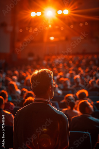 A person attending a seminar on real estate investing and property management. a man is sitting in an auditorium watching a show