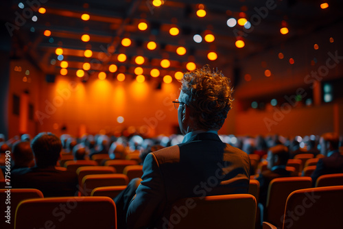 A person attending a workshop on value investing principles and strategies. Man in auditorium watching presentation at performing arts center