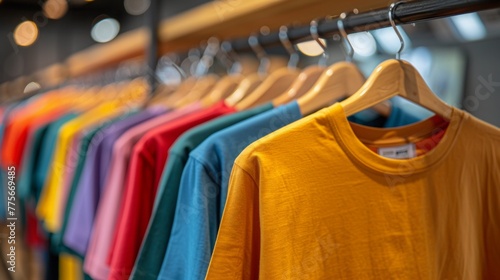 men's t-shirts on a rack, colorful colors, round neck, short sleeves photo