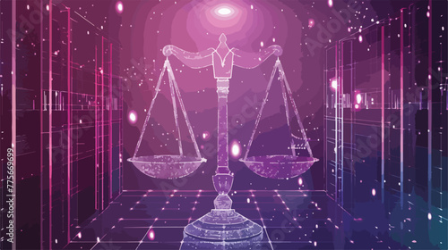 Law scales on background of data center. Digital law