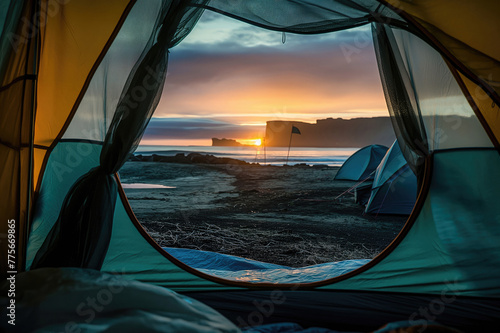 Beautiful Icelandic landscape seen from the tent. Tourist enjoying scenic view from inside the tent at campsite in Iceland