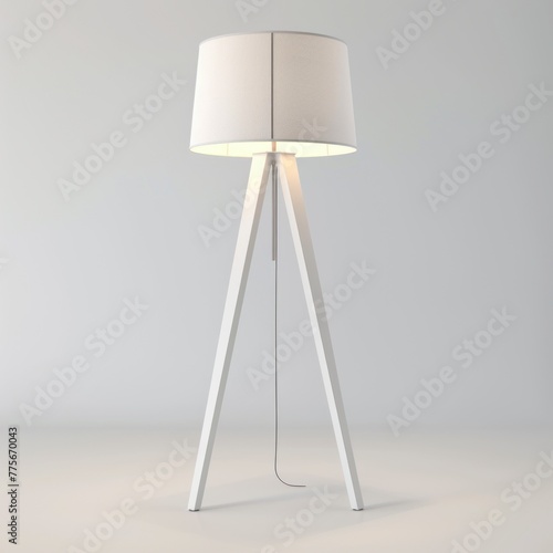 3D Render of a modern tripod floor lamp with a matte white finish and a linen drum shade, on isolated white background, Generative AI