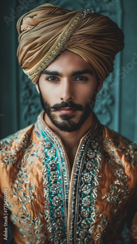 Portrait of a handsome Indian man dressed in a traditional turban and embellished kurta