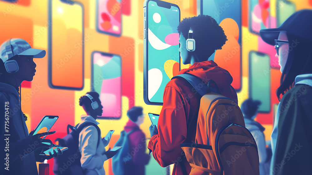 A group of people holding mobile phones, looking at the phone screen  illustration style, colorful cartoon characters, social media in the future background.