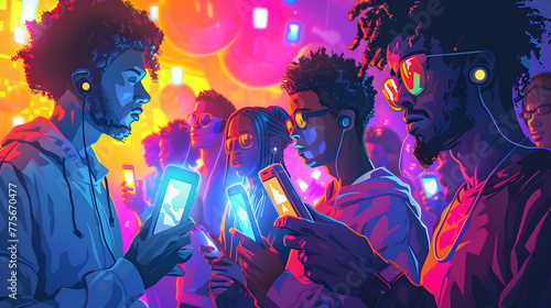 A group of people holding mobile phones, looking at the phone screen illustration style, colorful cartoon characters, social media in the future background.