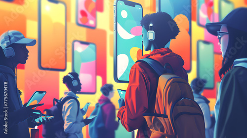 A group of people holding mobile phones, looking at the phone screen illustration style, colorful cartoon characters, social media in the future background.