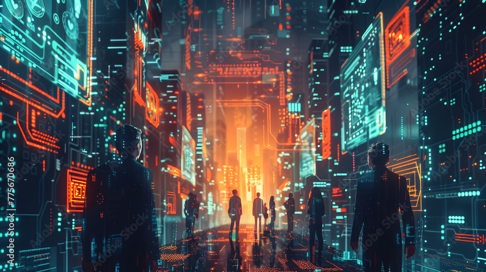 Fototapeta premium A group of people holding mobile phones, looking at the phone screen illustration style, colorful cartoon characters, social media in the future background.