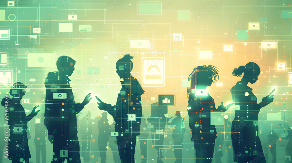 A group of people holding mobile phones, looking at the phone screen illustration style, colorful cartoon characters, social media in the future background. A group of people holding mobile phones, looking at the phone screen illustration style, colorful cartoon characters, social media in the future background.