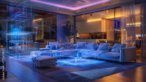 Futuristic home interior with blue virtual planning in modern apartment. Technology and innovation concept.