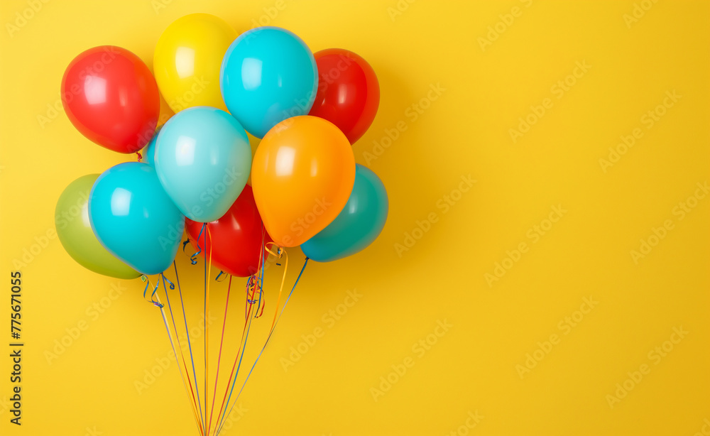 Colourful balloons bunch on a yellow wall background Colourful balloons bunch on a yellow wall background
