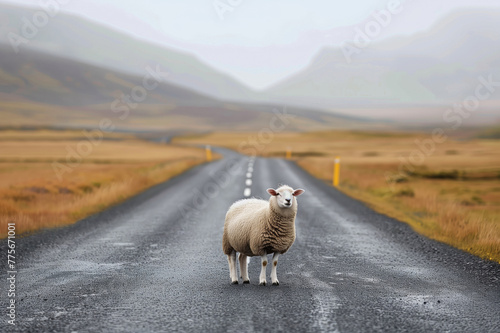 Icelandic sheep crossing a road. Wildlife and nature of Iceland.