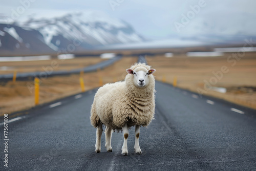 Icelandic sheep crossing a road. Wildlife and nature of Iceland.
