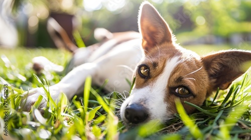 Brown and White Dog Relaxing on Lush Green Field