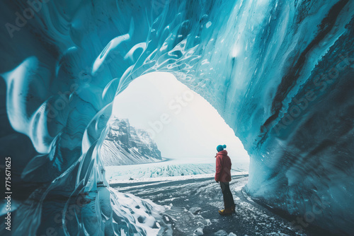 Tourist exploring majestic Icelandic ice cave. Wonderful nature of Iceland.