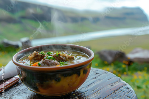 Traditional Icelandic lamb soup (Kjotsupa) in an outdoor cafe in Iceland.