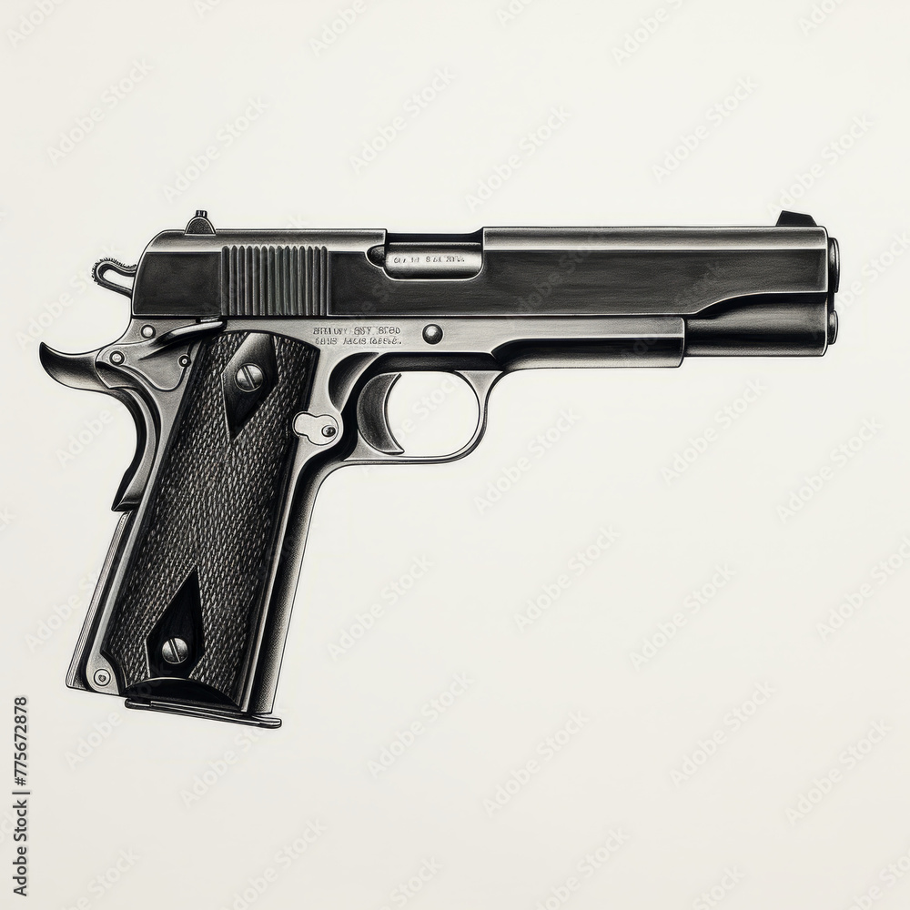 Pistol pencil drawing realistic on white background