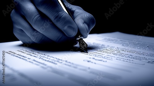 Hand writing with a fountain pen on a legal document. Close-up of signature on contract