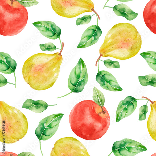 Pattern with apples, pears, green leaves, covered with dew drops, summer fruit seamless texture, many elements, hand drawn, great pattern for fabric, wrapping paper, kitchen utensils, apple dishes.