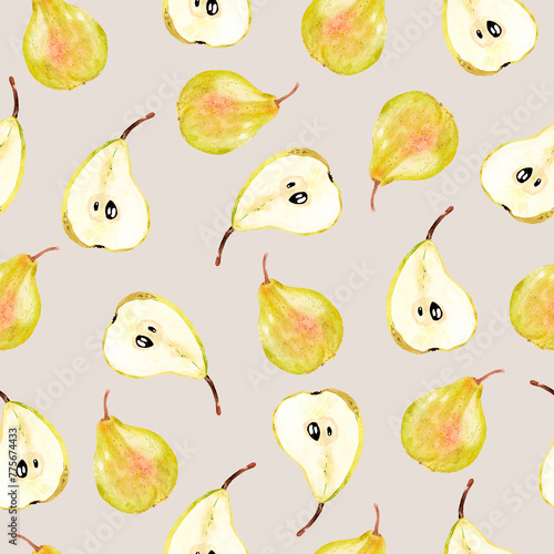 Summer pattern with yellow pears, juicy fruits on white background, seamless texture, great hand drawn pattern for print design, textile, fabric, tableware design and seasonal displays
