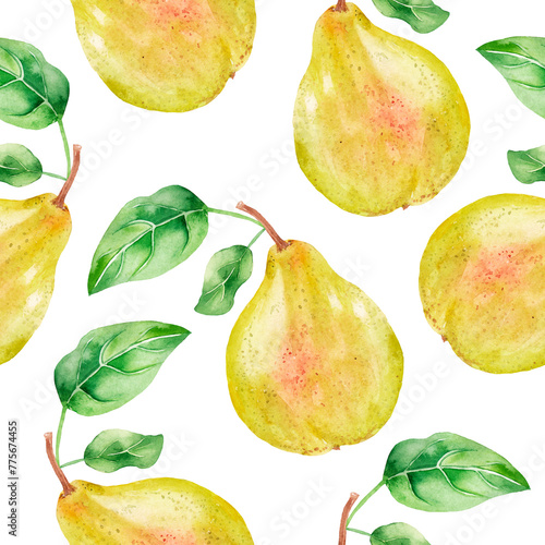 Summer pattern with yellow pears, juicy fruits on white background, seamless texture, great hand drawn pattern for print design, textile, fabric, tableware design and seasonal displays.