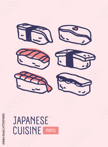 Japanese nigiri, menu cover design. Asian restaurant, Japan cuisine, vertical...