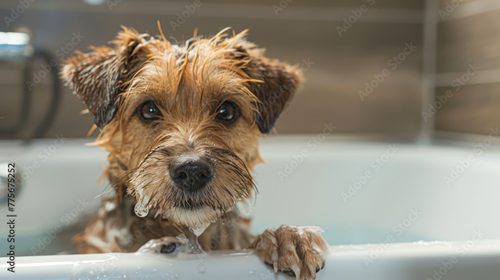 Small Brown Dog Sitting in Bathtub Small Brown Dog Sitting in Bathtub