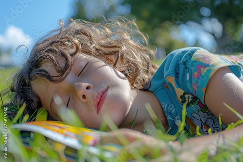 A young girl is sleeping on the grass