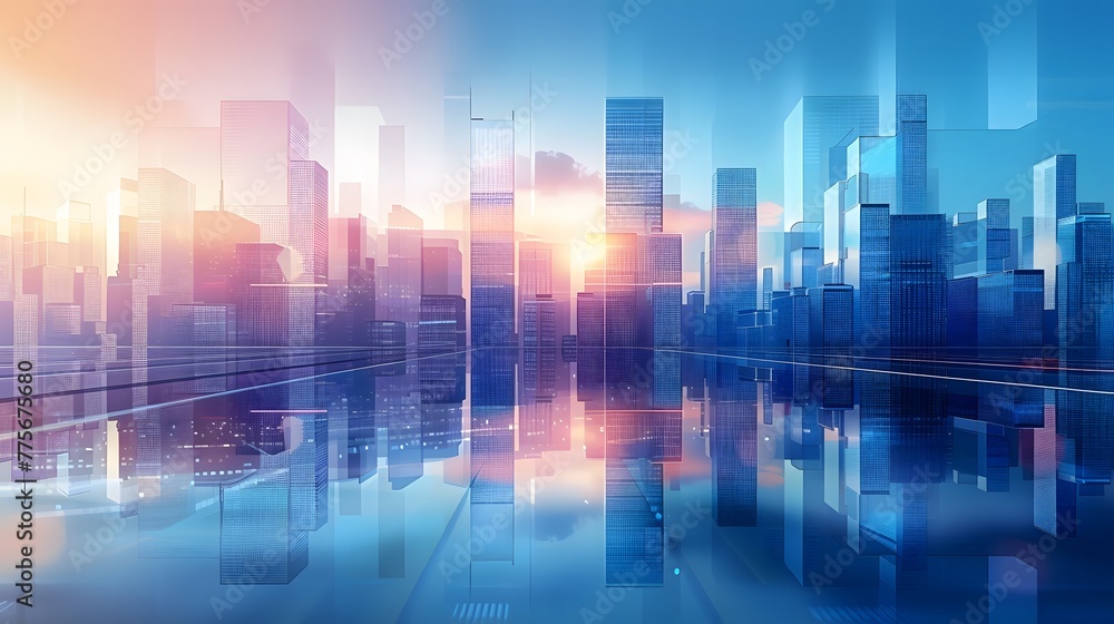 A modern cityscape with glass buildings reflecting the sky, symbolizing technology and innovation in business. The background is a gradient of blue tones representing corporate business style. For Bac - obrazy, fototapety, plakaty 