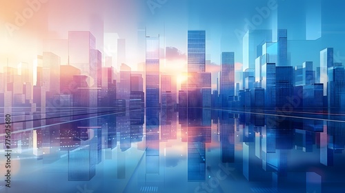 A modern cityscape with glass buildings reflecting the sky  symbolizing technology and innovation in business. The background is a gradient of blue tones representing corporate business style. For Bac