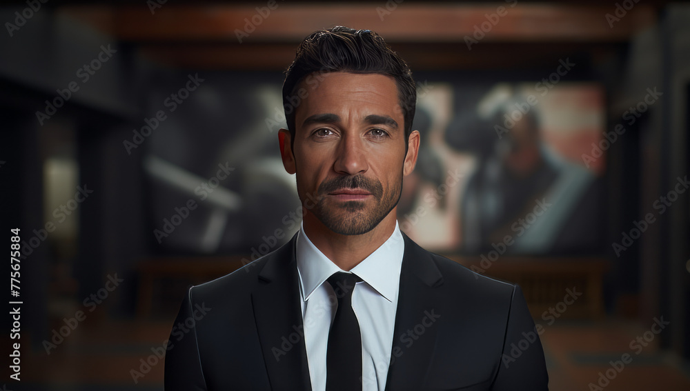 Businessman in a suit standing in an office, serious professional person. Corporate and powerful company director. Businessman in a suit standing in an office, serious professional person. Corporate and powerful company director.