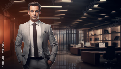 Businessman in a suit standing in an office, serious professional person. Corporate and powerful company director.