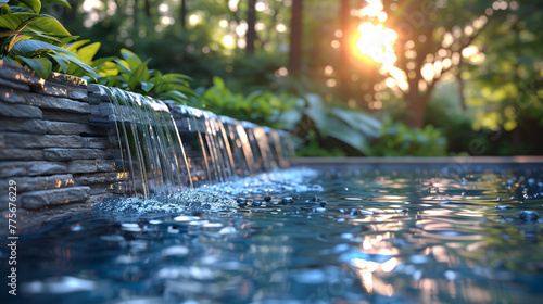A poolside waterfall feature with cascading water, adding a touch of natural beauty.