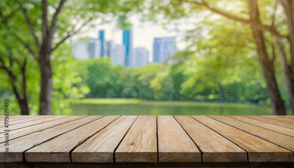 City Nature Blend: Wooden Table with a Background of a Blurred City Park City Nature Blend: Wooden Table with a Background of a Blurred City Park