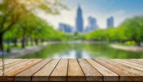 Park Panorama: Empty Wooden Table Framed by a City Park Landscape