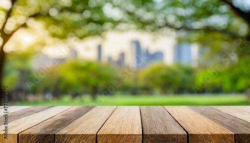 Urban Oasis: Empty Wooden Table with Blurred City Park Background