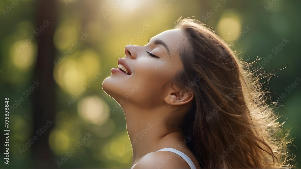 Young woman breathing fresh air, mental health, green, nature, relaxation Young woman breathing fresh air, mental health, green, nature, relaxation