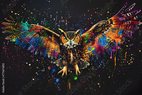 an owl with colorful paint splattered all over it's body and wings, on a black background with multicolored drops of paint splatters. © john