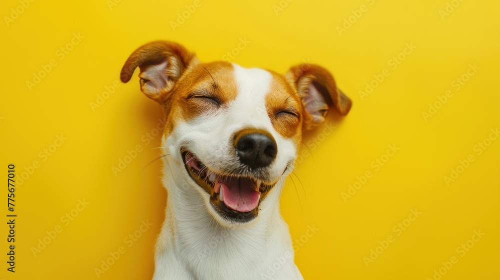Portrait of happy dog on yellow background