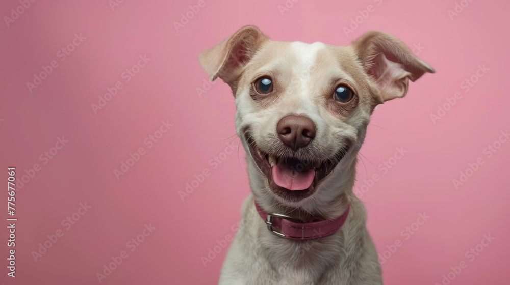 Portrait of happy dog on pink background
